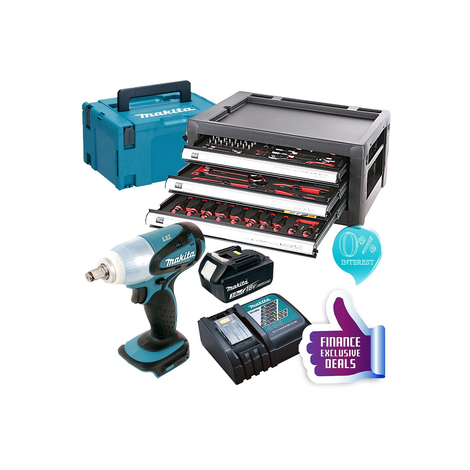 Makita DTW251 18V Wrench + 1 X BL1830,DC18RC,Case,3LAYERCHEST 1 Makita DTW251 18V Wrench + 1 X BL1830,DC18RC,Case,3LAYERCHEST