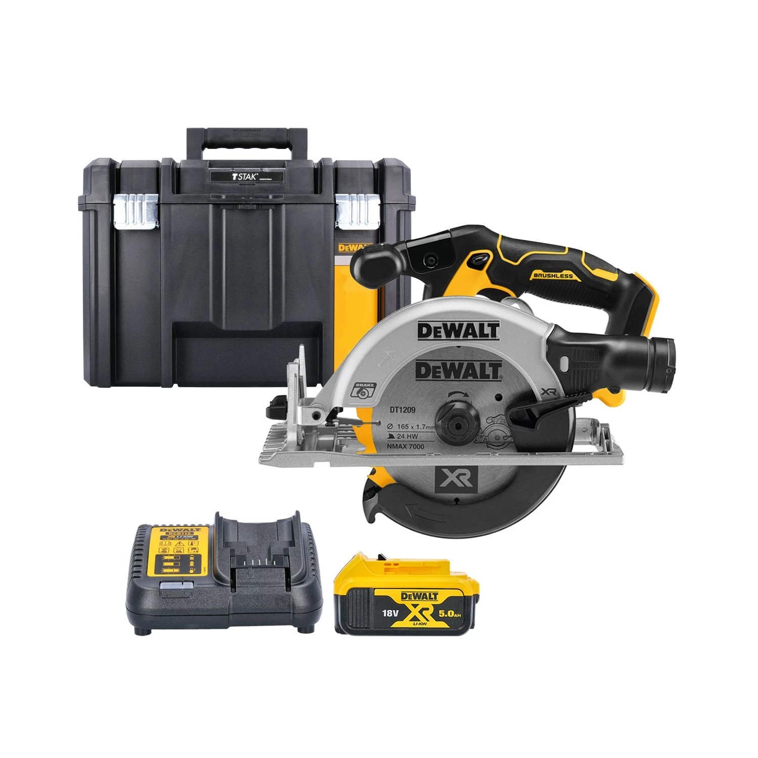 DeWalt DCS565 18V XR Cordless Brushless 165mm Circular Saw With 1 X 5.0Ah Battery, Charger & TSTAK VI Case 1 DeWalt DCS565 18V XR Cordless Brushless 165mm Circular Saw With 1 X 5.0Ah Battery, Charger & TSTAK VI Case