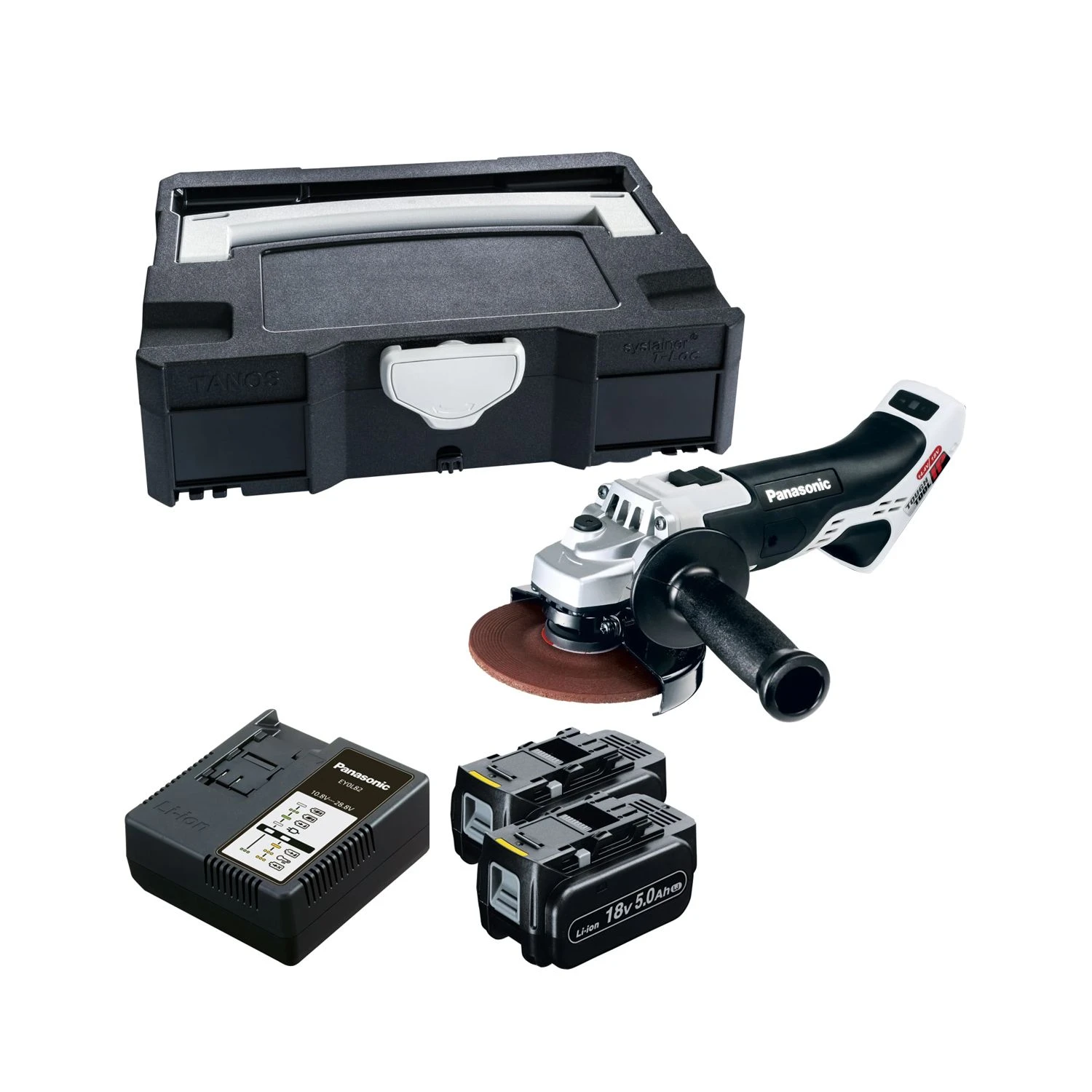 Panasonic PAN46A2LJ 18V 125mm Cordless Angle Grinder With 2 X 5.0Ah Batteries, Charger & Case 1 Panasonic PAN46A2LJ 18V 125mm Cordless Angle Grinder With 2 X 5.0Ah Batteries, Charger & Case